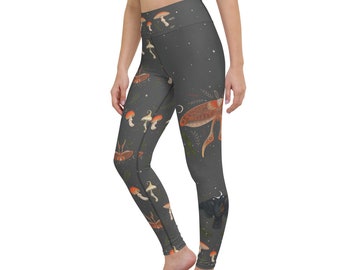 Mushroom Moth Print Yoga Leggings – Celestial Goth High Waisted Pants