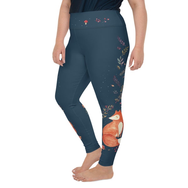 Leggings taille Mushroom Fox Plus | Pantalon de yoga Boho, cottagecore, nordique, magique, taille haute | Leggings imprimés de déesse de la forêt mignonne