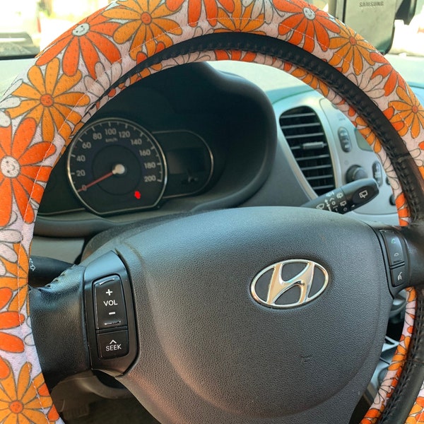 Happy Hippie - Steering Wheel Cover | Boho Modern & Retro 70s Hippie Car Accessories | Yellow Orange Cute Floral Car Wheel Cover for Women