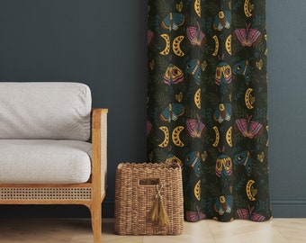 Night In The Forest - Dark Green Blackout Window Curtain | Witchy Bohemian Celestial Home Decor | Boho Moth Moon Living Room/Bedroom Curtain