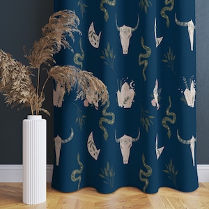 Witches Garden - Blue Blackout Window Curtain | Gothic, spooky, witchy, skulls, mushrooms, moth halloween home decor | Curtain panel