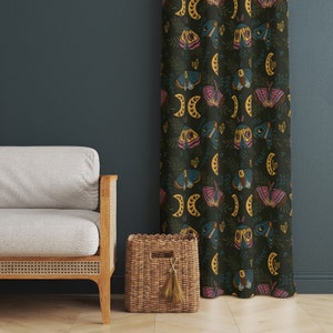 Night In The Forest - Dark Green Blackout Window Curtain | Witchy Bohemian Celestial Home Decor | Boho Moth Moon Living Room/Bedroom Curtain