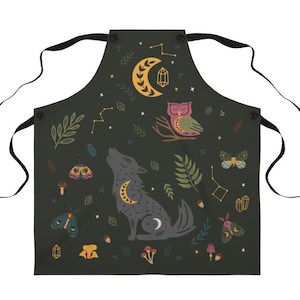Night In The Forest -  Kitchen Apron | Cute Witchy Cottagecore Celestial Unique Cooking Apron | Wolf, owl and moon kitchen accessories