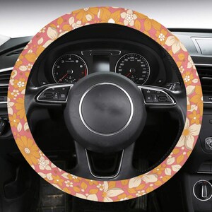 Stay Groovy - Steering Wheel Cover | Boho Modern & Retro 70s Hippie Car Accessories | Pink Orange Cute Floral Car Wheel Cover for Women