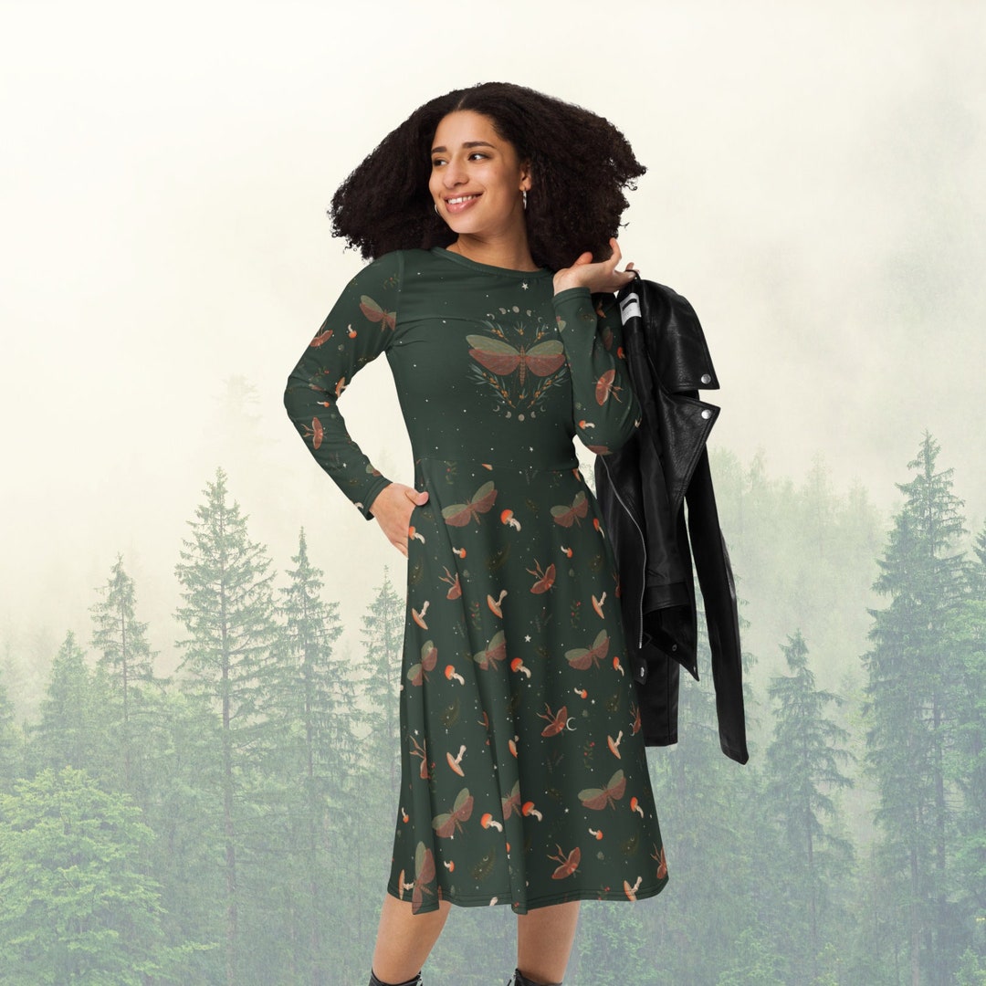 FOREST CHARM BLACK CREAM WOVEN MIDI DRESS
