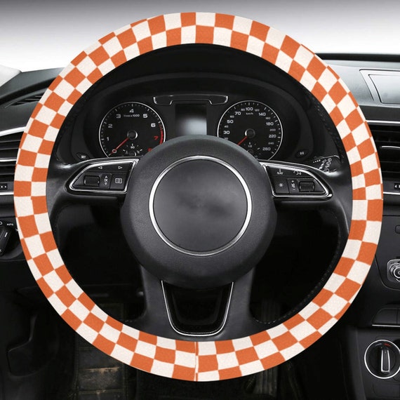 Orange Checkers Steering Wheel Cover Boho Modern & Retro Car Accessories  Y2k Danish Pastel Orange Cute Checkered Women Car Wheel Cover 