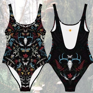 Summer Forest - One-piece swimsuit | Witchy One-Piece Swimming Suit - Snakes and Skulls | Bohemian dark cottagecore/academia beach/pool wear