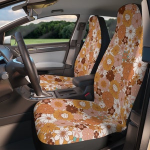 Groovy Flowers - Car Seat Covers | Boho Modern & Retro 70s Hippie Car Accessories | Yellow Orange Floral Women/Girls Seat Covers for Vehicle