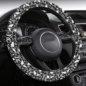 Witchy Things - Steering Wheel Cover | Boho Cute Witchy Goth/Gothic Halloween Car Accessories | Bats & Cat Car Wheel Cover for Women
