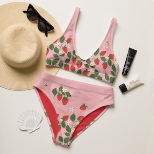 Strawberry Bees High Waisted Bikini | Cute Aesthetic Girl y2k Coquette Recycled Swimwear Plus Size | Bachelorette Party Girls Trip Gift