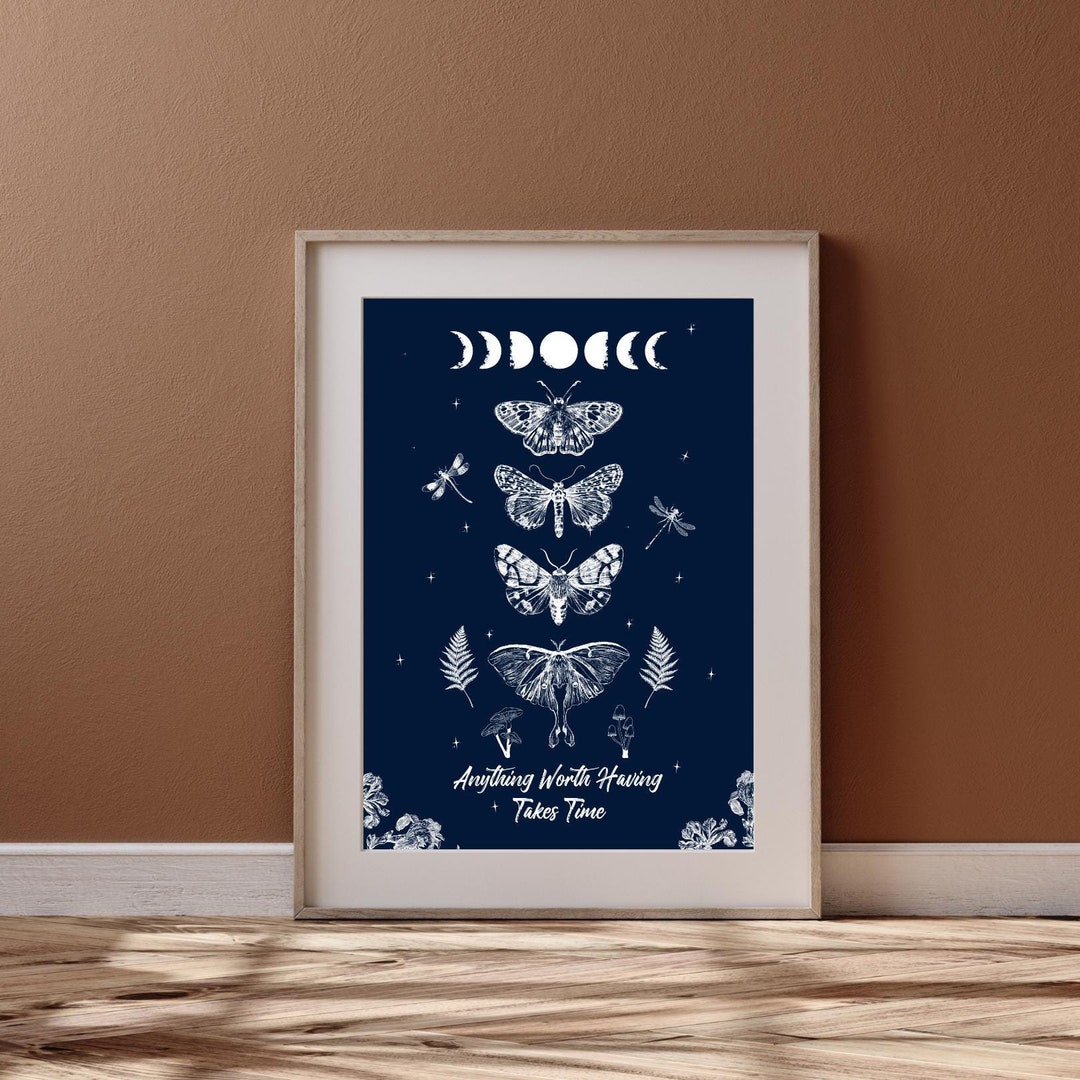 Dark Botanical Moth Moon Phase Art Print – Cottagecore Poster - Etsy