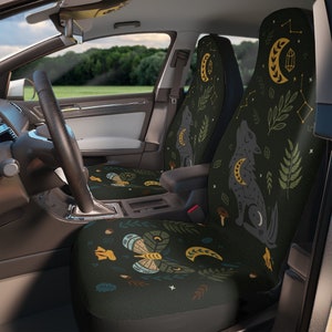 Night In The Forest (ONE design) - Housses de siège d’auto | Loup, papillon de nuit/ papillon, lune et étoiles | Vert foncé, Scandinave, Boho Accessoires de voiture