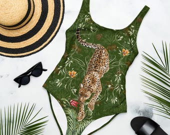 Maiô de uma peça com estampa de leopardo na selva – Body verde exótico