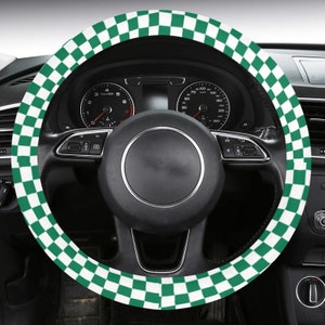 Green Simple Checkers Steering Wheel Cover | Modern & Retro Car Accessories | Y2k Danish Pastel Cute Checkered Women Car Wheel Cover