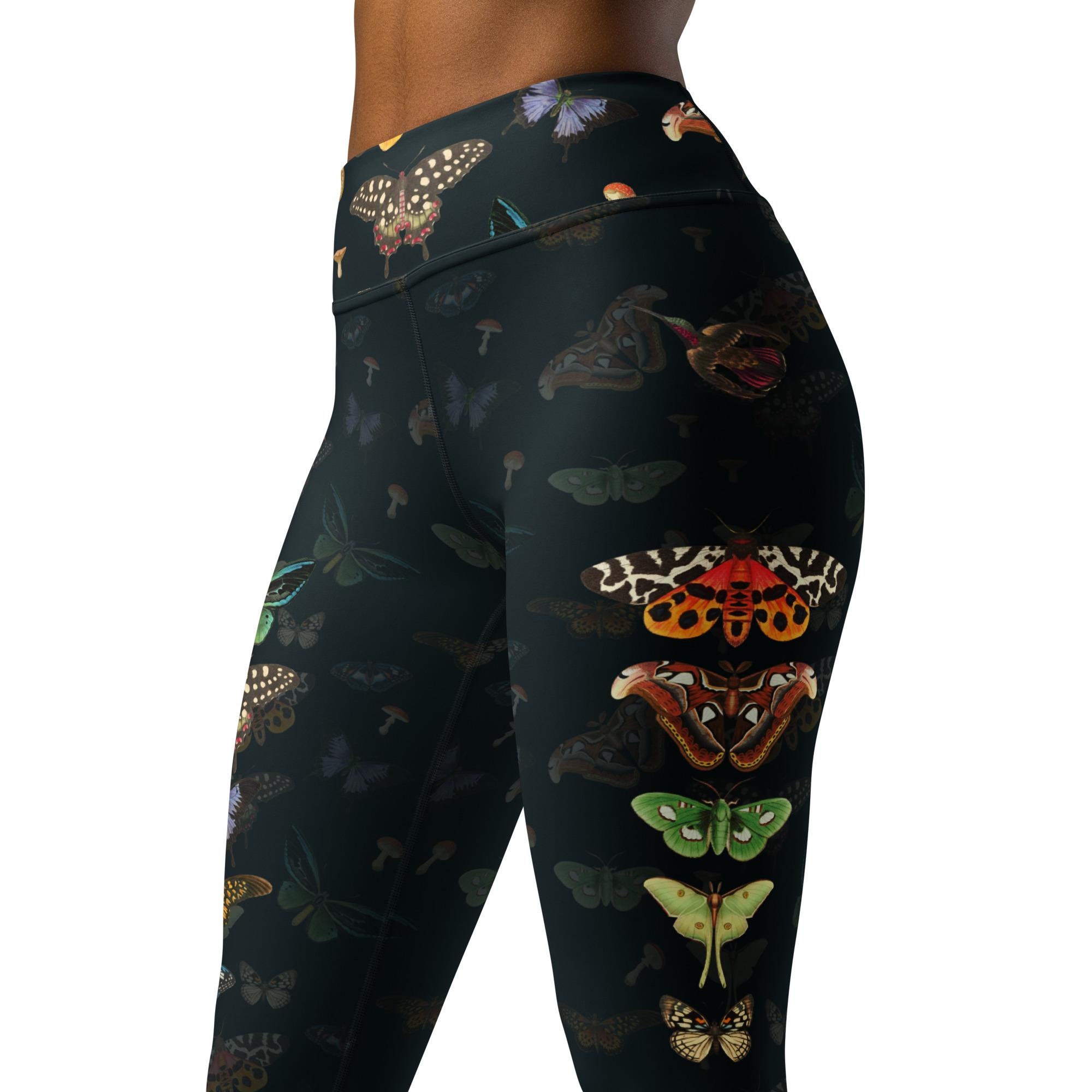 Vintage Moths & Butterflies Herbarium - Yoga Leggings | Dark Cottagecore Boho Witchy Gothic Hight Wasteted Yoga Pants with Snakes and Moths