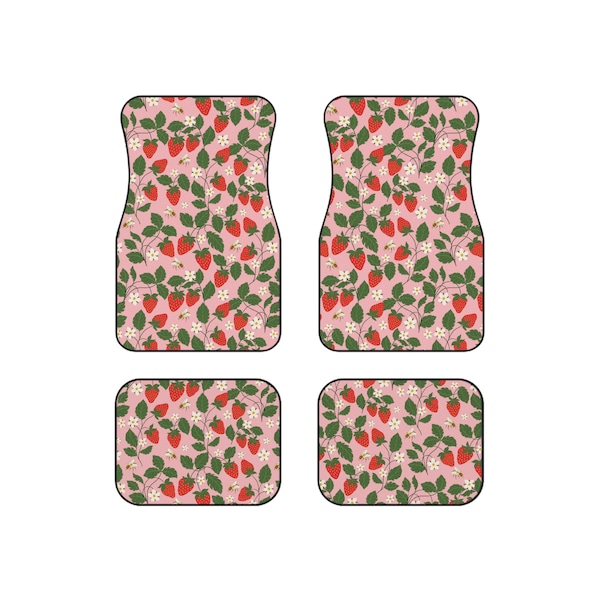Strawberry Bees - Car Floor Mats | Danish Pastel, Y2k, retro car accessories | 90s 2000s pink floral women car mats set for girls/women