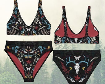 Summer Forest - Recycled High-waisted Bikini  | Witchy Swimsuit - Snakes and Skulls | Bohemian dark cottagecore/academia beach/pool wear