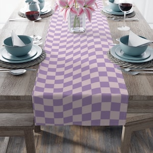 Groovy Dream Table Runner | Danish Pastel Y2k modern retro checkers | 90s 2000s wavy purple checks kitchen decor | Cotton, poly table runner