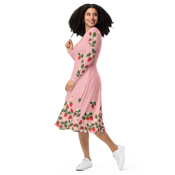 strawberry print midi dress Strawberry Print Midi Dress, Summer Polyester Spandex Fabric