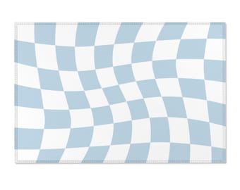 Zart blauer groovy Karo Teppich | Dänischer Pastell Karos Teppich | Y2k, modern retro, wellenförmige blaue Karos Wohnzimmerdekor | Neues Zuhause Geschenk