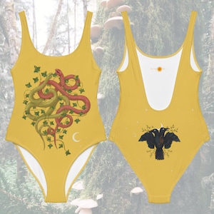 Mystical Creatures - One-piece swimsuit | Witchy One-Piece Swimming Suit - Snake and Crows | Bohemian dark cottagecore body, beach/pool wear