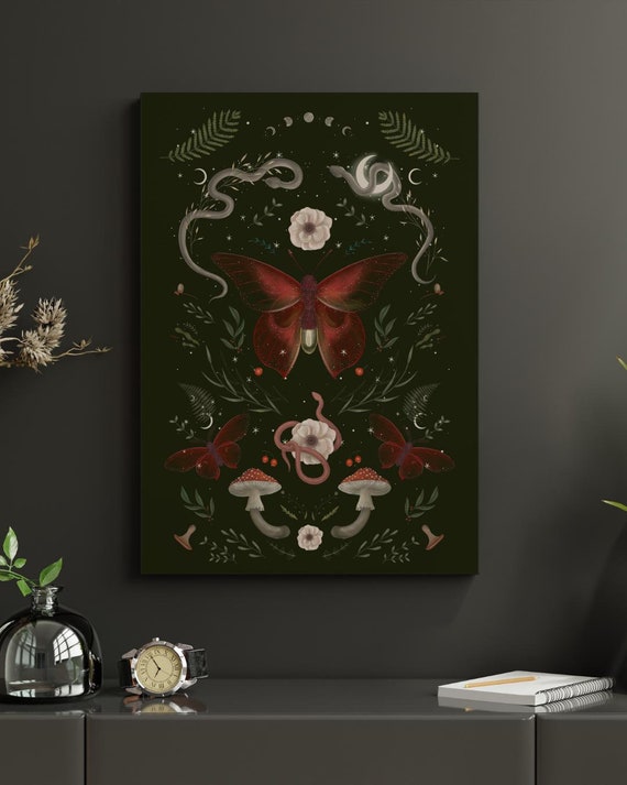 Dark Botanical Art Print – Mystic Moth, Snake, Mushroom Cottagecore Decor