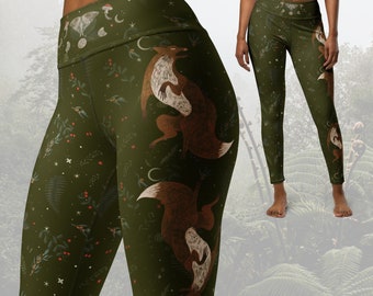 Night Dwellers - (asymmetrical) Yoga Leggings | Cottagecore ferns & fox high waisted yoga yoga pants | Cute forest goddess printed leggings