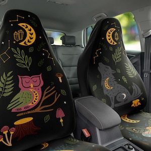 Night In The Forest (DIFFÉRENTS designs) - Housses de siège d’auto | Loup, hibou, papillon de nuit/ papillon, lune et étoiles | Scandinave, Boho Accessoires de voiture