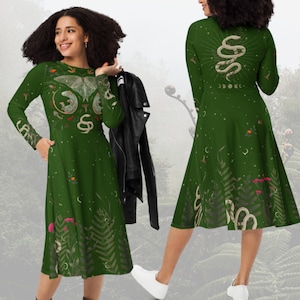 Mystical Forest - Pockets Dress | Bohemian dark academia/cottagecore gothic witchy ferns moths clothing | Dark green plus size dress 2XS-6X