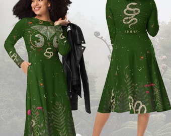 Vestido verde oscuro estilo bosque – Helechos, polillas y bolsillos de talla grande en estilo cottagecore