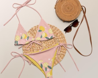 Pastel Lemon Print String Bikini: Recycled Y2K Swimwear