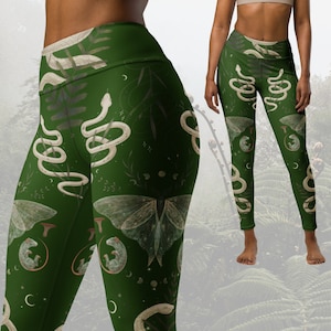 Mystical Forest (Snake Party) - Yoga Leggings | Cottagecore ferns & moth high waisted yoga yoga pants | Dark academia printed leggings