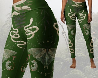 Cottagecore Yoga Leggings – Mystical Forest Snake & Moth Print