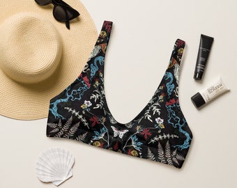 Summer Forest - TOP ONLY Recycled High-waisted Bikini  | Witchy Swimsuit - Snakes and Skulls | Dark cottagecore/academia beach/pool wear