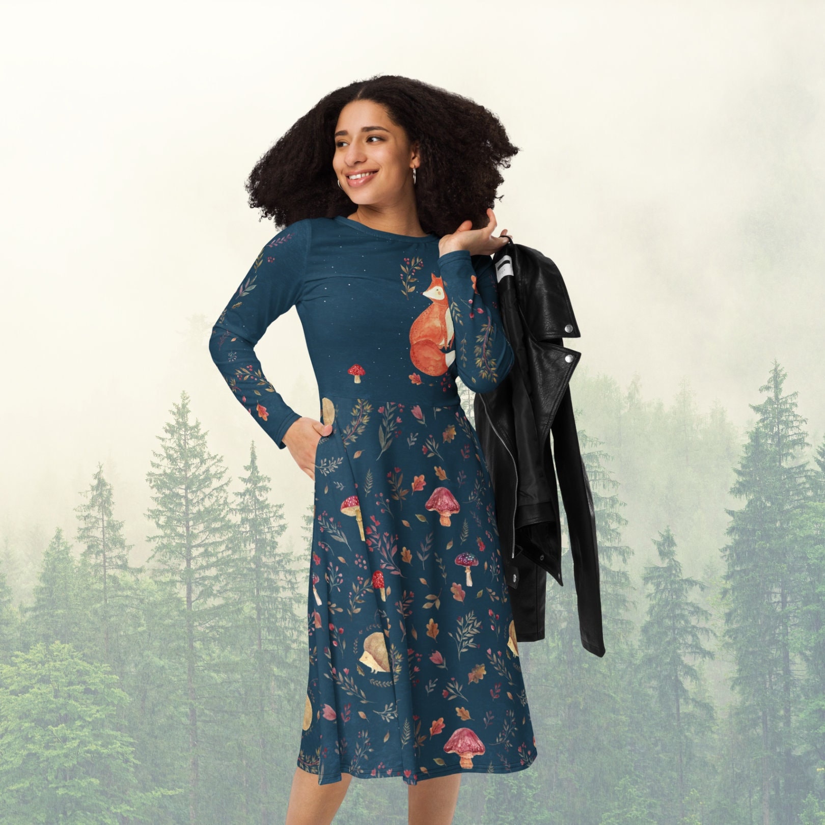 Pilz Fuchs Langarm Midi Kleid | Hexenkleid mit Taschen | Boho, Cottagecore, Nordisch, magische Kleidung | Plus Größe 2XS-6X