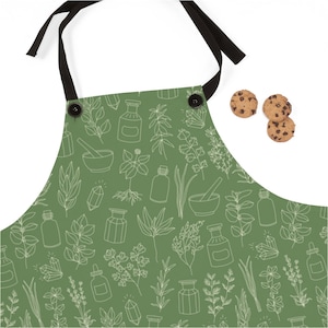 Green Herbal Kitchen Apron - Cottagecore cute unisex cooking apron -  Green and spring kitchen decor - Unique gift idea for her, him, teens