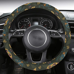 Night In The Forest - Steering Wheel Cover | Boho Cute Witchy Car Accessories | Luna Moth/Butterfly Moon and Stars Car Wheel Cover for Women