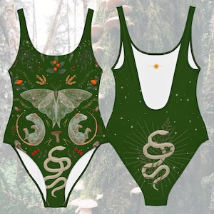 Mystical Forest - One-piece swimsuit | Witchy Swimming Suit - Snake, Moth, Plants | Bohemian dark cottagecore/academia beach and pool wear