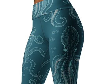 Octopus Party High-Waistetd Yoga Leggings | Teal Ocean Blush, Crustaceancore, Under The Sea, Blue Ocean Printed Leggings