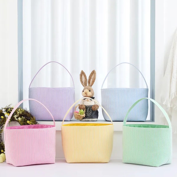 Seersucker Easter Basket for Embroidery Personalization, Seersucker Easter Bag for HTV Customization, Trendy Easter Basket Top Seller Basket