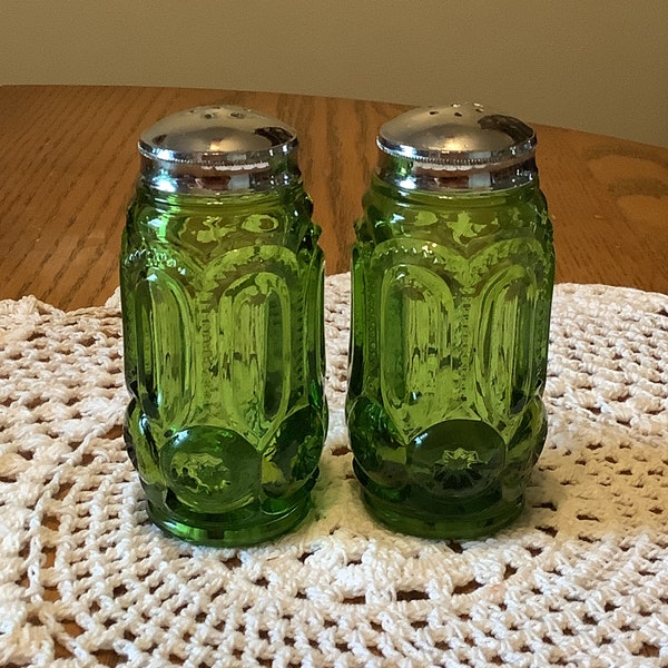 Vintage Moon and Stars Green Glass Salt and Pepper Shakers