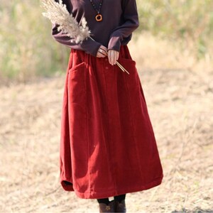 Winter Corduroy Skirt Pockets Women Vintage Thick Corduroy Maxi Skirt Handmade Elastic Waist