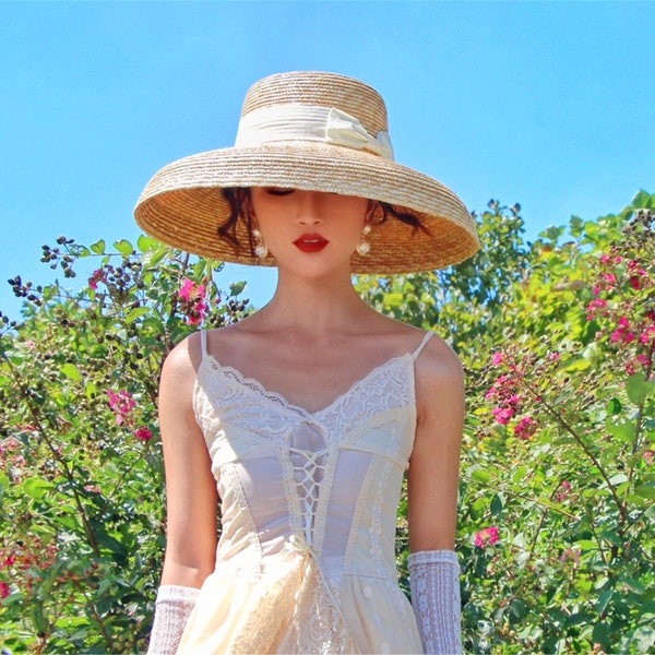 Audrey Hepburn Straw Hat Ribbon Women , Wide Brim Straw Lampshade Hat, Wedding Hat For Bridesmaid