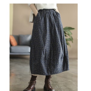 Vintage Quilted Linen Skirts Women Winter Midi Skirts Warm long Skirts Boho