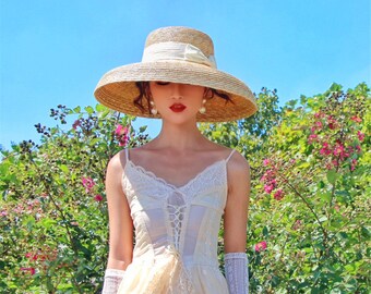 Audrey Hepburn Straw Hat Ribbon Women , Wide Brim Straw Lampshade Hat, Wedding Hat For Bridesmaid