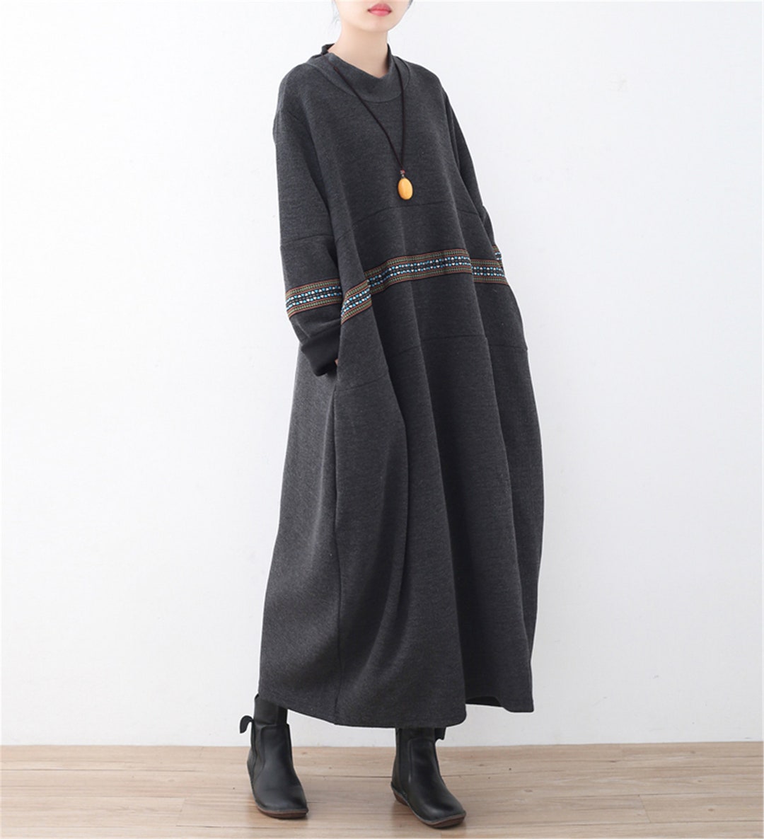Vintage Brown Striped Maxi Sweater Dresses For Women Z81044
