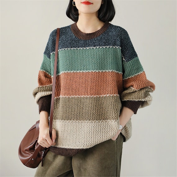 Damen Pullover übergroß Gestreift - Bunter Farbblock Strick Mit Rundhalsausschnitt