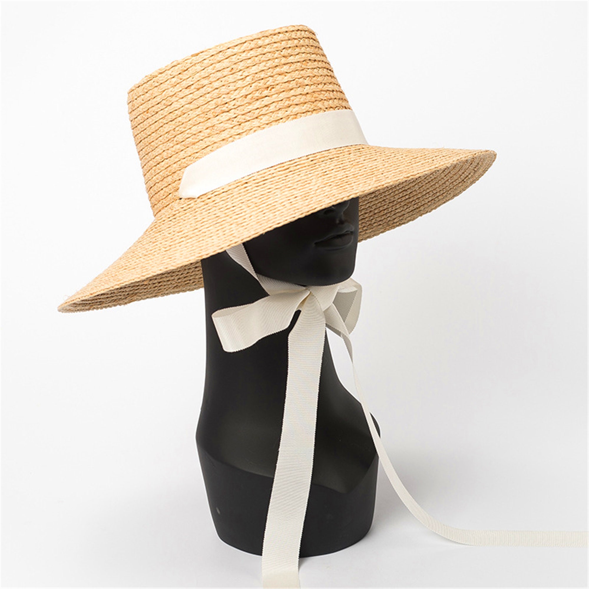 Raffia Straw Hat With Ribbon, Chin Strap Tie Straw Sun Hat , Wide