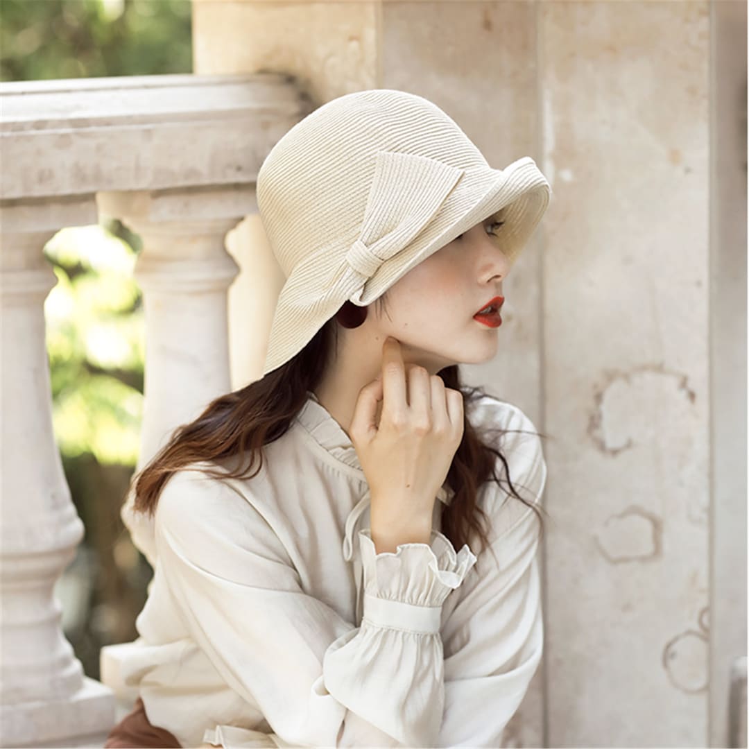 Classic Straw Cloche Hat Women , Packable Straw Sun Hat,janpan Hepburn  Small Brim Cloche 
