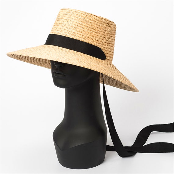 Raffia Straw Hat with Ribbon, Chin Strap Tie Straw Sun Hat , Wide Brim Floppy Top Beach Hat